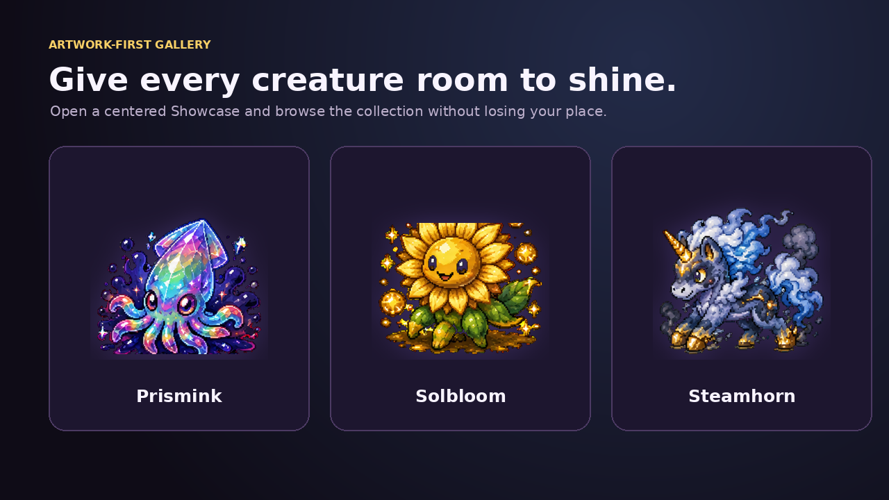 Artwork-first creature gallery